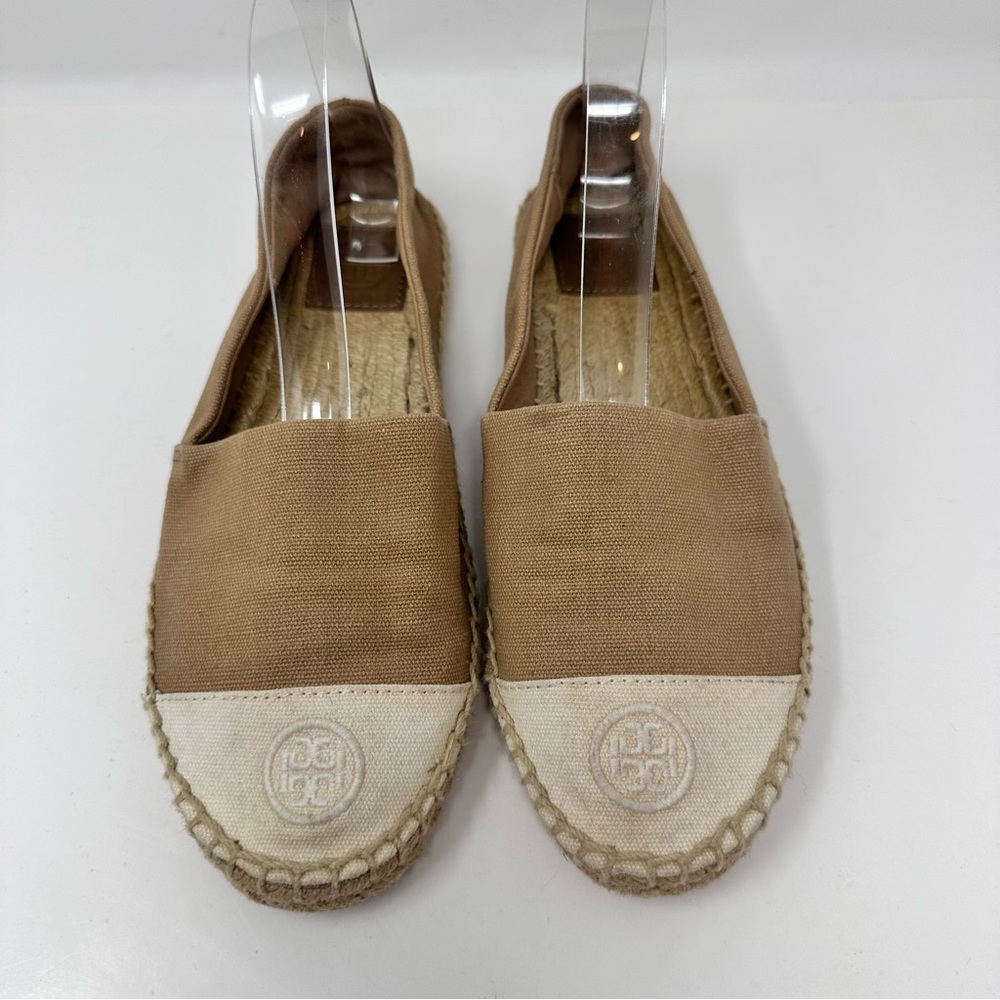 Tory Burch Canvas Leather Color Block Flat Espadrille Khaki Tan Ivory Size 9